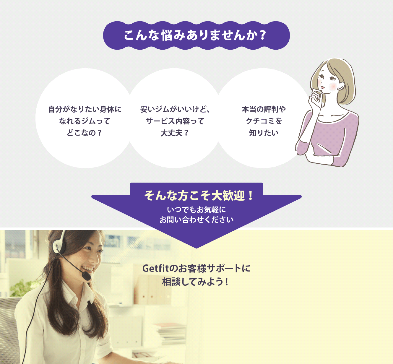 こんな悩みありませんか？自分がなりたい身体になれるジムってどこなの？安いジムがいいけど、サービス内容って大丈夫？本当の評判やクチコミを知りたい！そんな方こそ大歓迎！いつでもお気軽にお問い合わせください